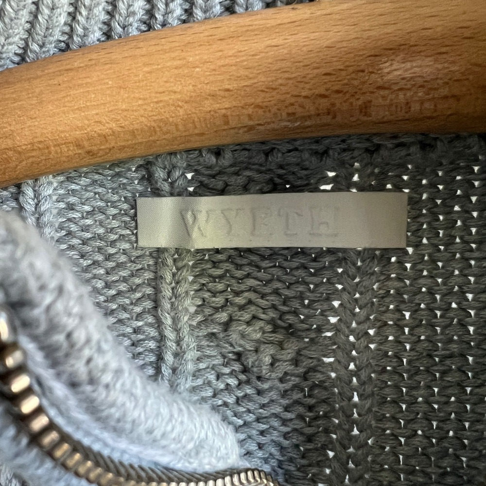 Wyeth Cable Knit Zip Cardigan Sweater Cotton Fisherman Gray Minimalist Mock Neck - Picture 6 of 11